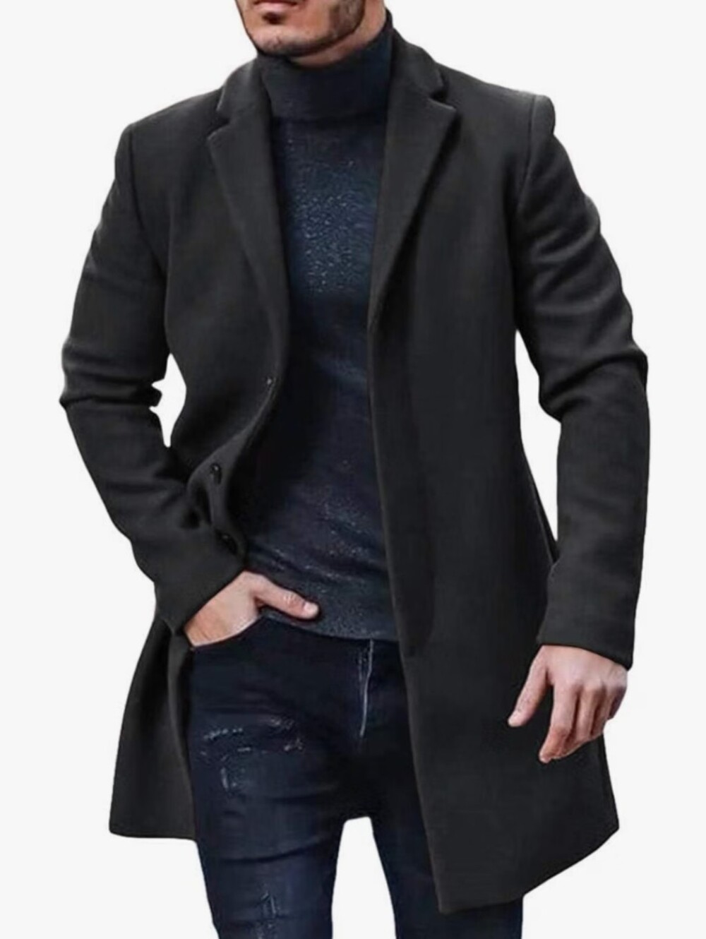 Mens Trench Coat Slim Fit Mid Length Pea Coat Winter Overcoat